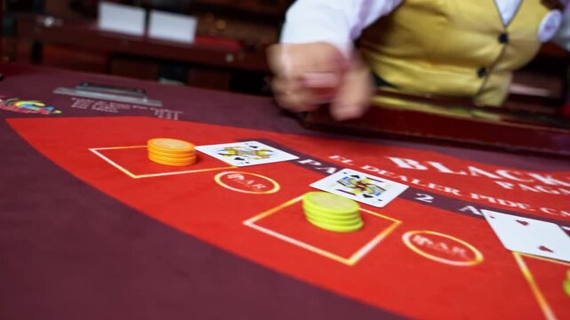 Close up of dealer dealing cards on blackjack table with chips capturing gambling moment focused on betting strategy risk and entertainment