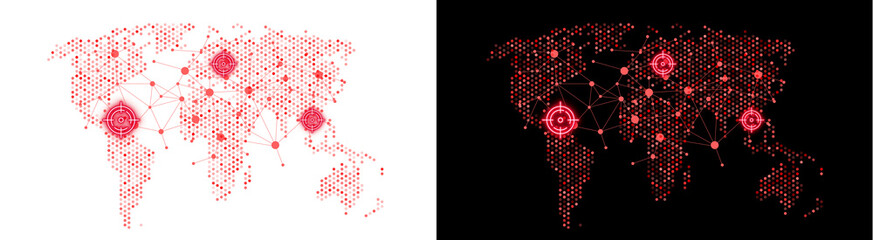 PNG image of Digital world map with red glowing nodes and target markers showing global network connectivity points on transparent background © MariaAlam
