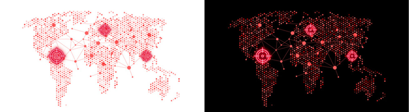 PNG image of&nbsp;Digital world map with red glowing nodes and target markers showing global network connectivity points on transparent background