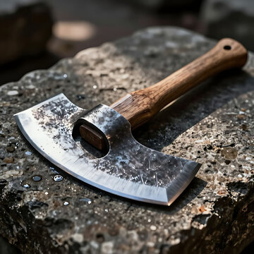 Vintage metal axe resting on weathered stone in natural outdoor setting