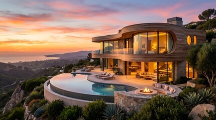 Fototapeta premium Modern luxury villa with infinity pool overlooking the ocean at sunset, architectural masterpiece with curved wooden facade and fire pit