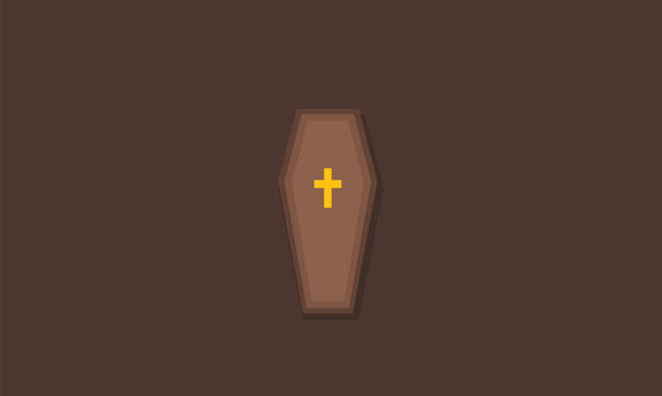 Wooden coffin with gold cross icon, brown casket vector illustration, funeral and burial symbol, christian death and mourning concept