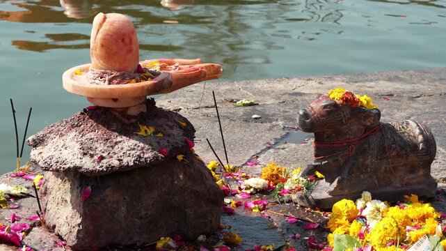 Decorated Shivling with Flowers and Colors Hindu Festival Worship