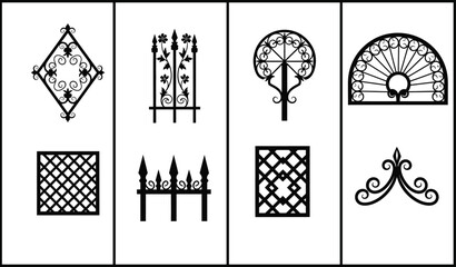 Fototapeta premium Collection of black and white ornamental ironwork designs for architectural elements