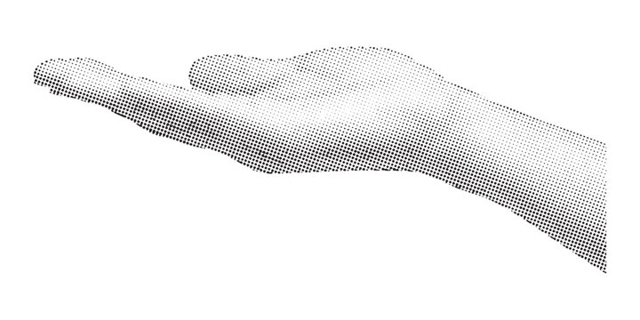 A stylized graphic illustration of an open human hand created using a halftone dot effect style