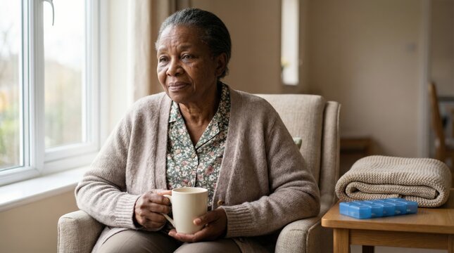 African elderly woman caregiver stress and worry sitting with a mug