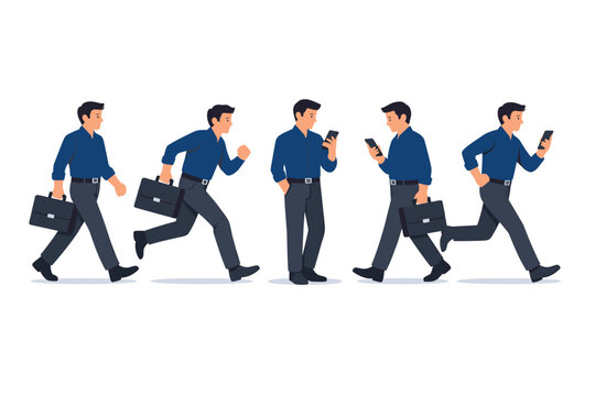 Professional businessman character set in various active poses wearing dark blue shirt and grey trousers, walking and running with briefcase, standing and using smartphone, male office worker vector