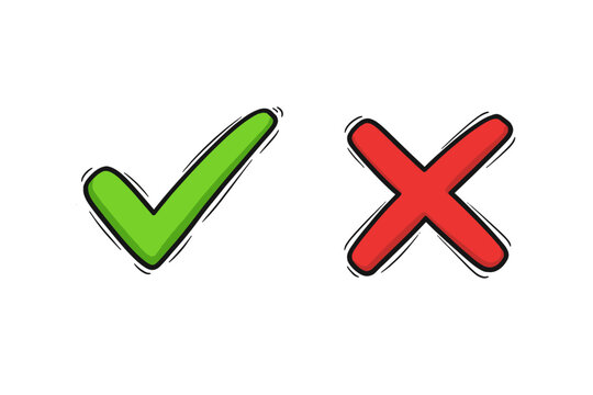 Hand Drawn Green Checkmark and Red Cross Icon Set, Vector Illustration of Doodle Tick Mark and X Symbol for Vote, Choice, Checklist, Right or Wrong, Yes or No, Approval and Rejection Symbols.
