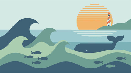 Stylized marine landscape with whale, fish, lighthouse, and sunset © Glypho