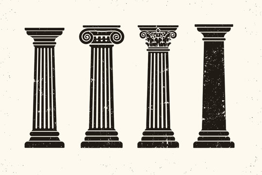 Set of four vintage distressed classical columns in silhouette, architectural design elements featuring Greek and Roman styles including Doric, Ionic, and Corinthian pillars for historic art.