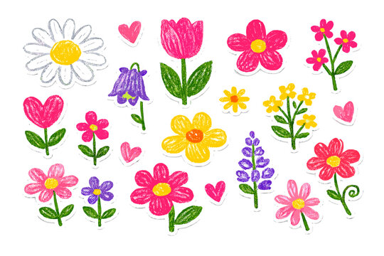 Hand Drawn Flower Stickers Set with Crayon Texture, Colorful Floral Cutouts Including Daisy, Tulip, Lavender, and Hearts, Childlike Oil Pastel Illustration Vector for Kids Crafts and Decoration