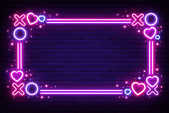 Neon XOXO Frame with Glowing Heart Symbols and Stars on Dark Brick Wall Background. Bright Pink and Purple Light Border for Romantic Dating, Love, Valentine's Day, and Nightlife Design.