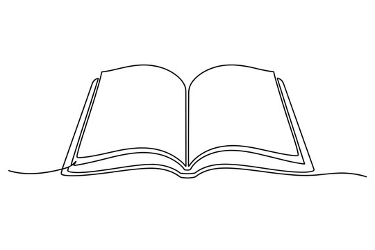 Continuous line drawing of an open book with blank pages, minimalist single line art vector illustration of a textbook for education, reading, literature, and school library concept design.