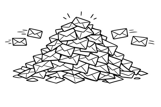 Hand Drawn Vector Illustration of a Large Overflowing Pile of Mail Envelopes Representing Communication Backlog, Information Overload, Spam, or a Busy Inbox. Minimalist Outline Drawing Concept.
