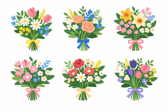 Set of six colorful spring flower bouquets in flat vector illustration style, featuring botanical floral designs with tulips, daisies, roses, and daffodils tied with ribbons for gift or decoration.