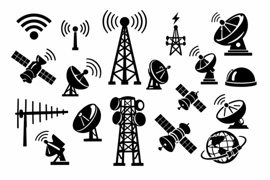 Vector set of wireless antennas, radio towers, radar, and satellite dishes. Black telecommunication and communication technology icons for network, internet, broadcast, signal, and global data.