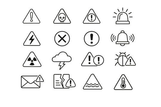 Warning and Alert Outline Icon Set with Caution Triangles, Error Notifications, Emergency Alarms, Radiation, High Voltage, Skull, Bell, Siren, Storm, Bug, Email Alert, and Temperature Symbols for UI.