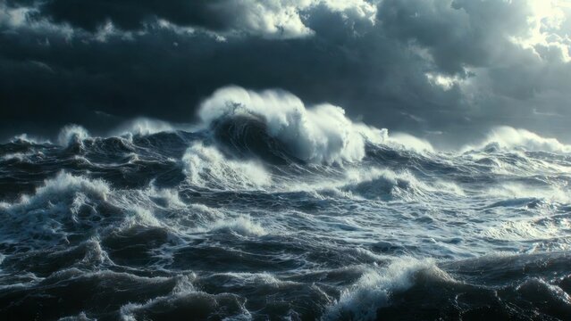Ocean waves churning under dark storm clouds at sea
