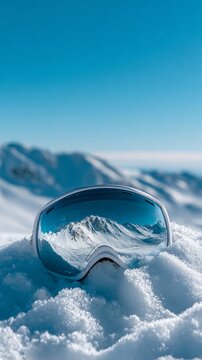 Ski goggles reflecting mountain landscape in fresh snow on sunny day