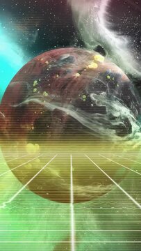 Vertical video: Playback starting, planet rising above neon grid, nebula growing for retro design