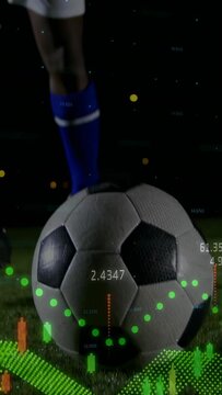 Vertical video: Soccer player entering shifting leg and controlling ball with sports HUD tracking