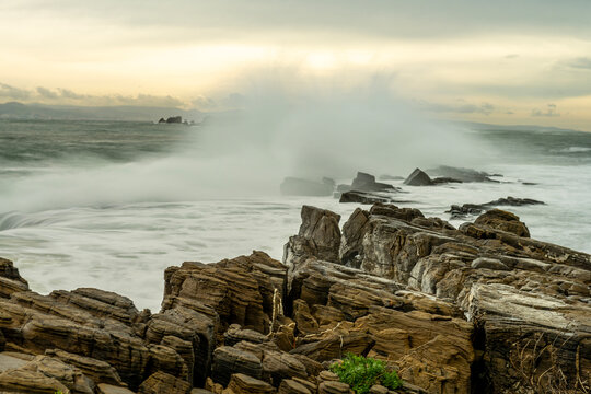 Rocky coastline at Punta Carnero Algeciras Cadiz with crashing waves