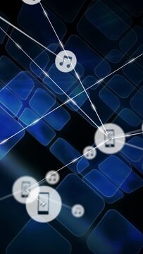 Vertical video: Node popping, sending links and forming phone-music hub to share on blue tech tiles