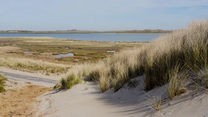 Handdoek met foto Noordzee Wide angle landscape of sandy dunes with marram grass overlooking the coastal wetlands and North Sea under a hazy sky, Texel, Netherlands.  © Don Greco 