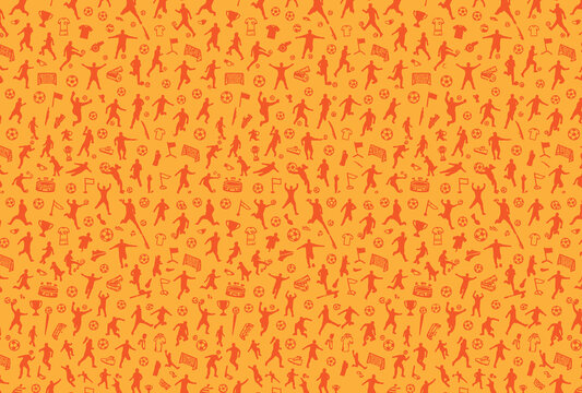 Seamless soccer pattern with orange background featuring silhouettes of players and football icons sports background