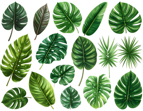 Assorted tropical leaves, various shapes and green hues