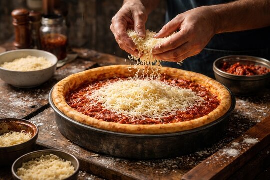 Chicago Deep Dish Pizza wird mit K&auml;se vorbereitet
H&auml;nde streuen K&auml;se auf eine tiefe Chicago-Style Deep Dish Pizza in runder Backform auf rustikaler Arbeitsfl&auml;che