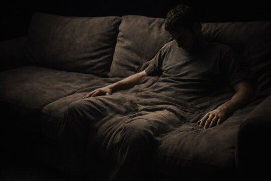 Man Sinking into Couch Covered in Dust Concept of Inactivity and Neglect