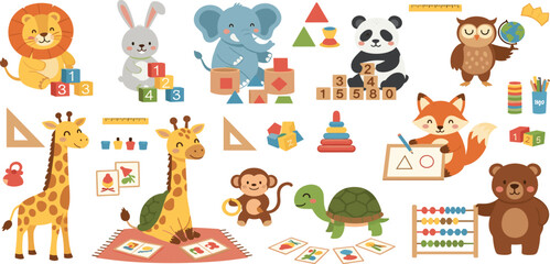 Cute Educational Animal Illustration Set Featuring Lion Elephant Panda Giraffe Owl Fox Monkey Turtle with Learning Toys and School Elements Collection © Mahan