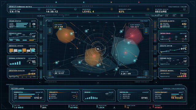 Futuristic mobile disaster response command interface with evacuation map, team status panels, drone monitoring, infrastructure alerts and emergency operations dashboard