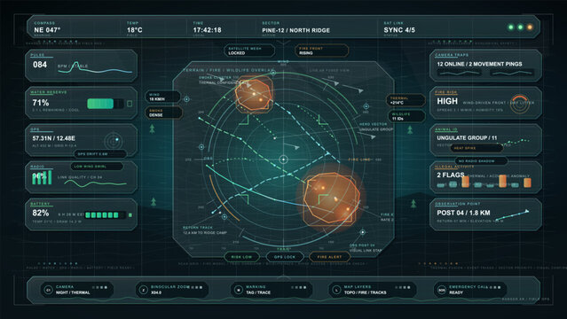 Futuristic Wildfire Monitoring HUD Interface with Ranger Visor Navigation, Wildlife Tracking, Thermal Fire Mapping and Augmented Reality Field Analytics