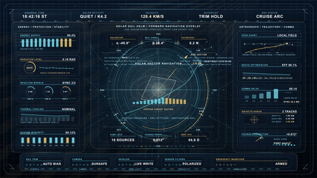 Futuristic solar sail navigation cockpit interface with trajectory display, star chart analytics, photon thrust vector controls and deep space telemetry panels