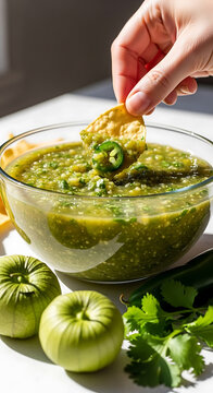 A hand dips a tortilla chip into a bowl of fresh, vibrant salsa verde, surrounded by tomatillos and cilantro.