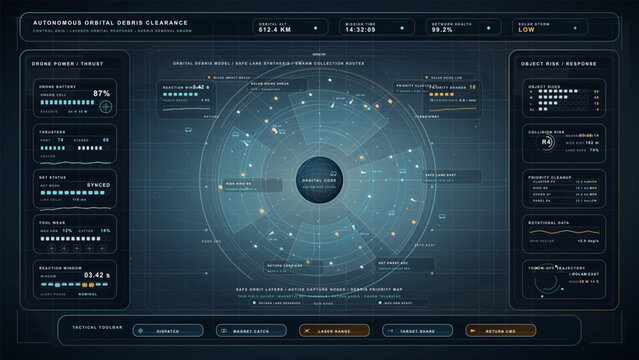 Futuristic orbital debris clearance dashboard with autonomous drone swarm monitoring, collision risk analysis, capture routes and space cleanup control interface