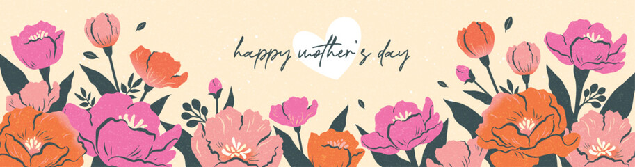 Happy Mother's Day greeting, card or poster with pink flowers in flat geometric illustration style and elegant typography on beige background in warm and playful layout for festive design. © LittleWhale