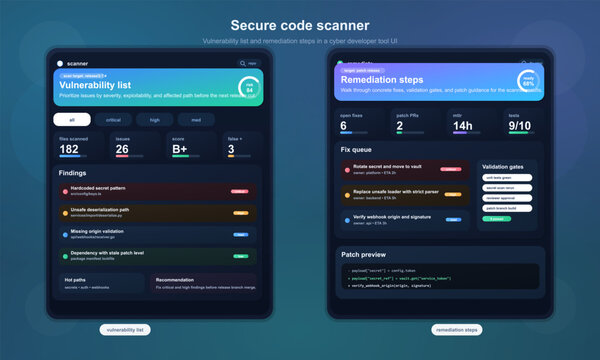 Secure code scanner interface with vulnerability dashboard and remediation workflow, dark mode cybersecurity developer tool UI