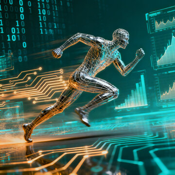 Futuristic digital runner with wireframe body, high speed data motion in virtual space, cybernetic athlete sprinting through binary code and glowing circuits isolated on White Background