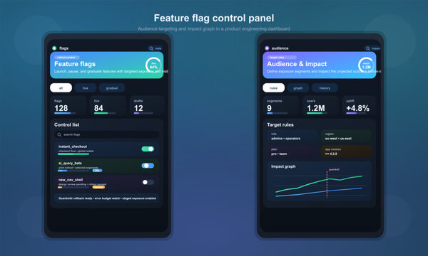 Feature flag dashboard UI with rollout control and audience analytics