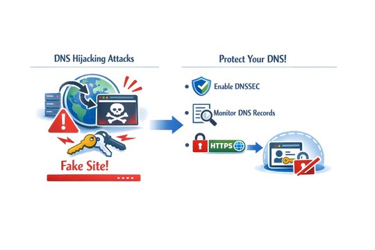 DNS Hijacking Attack Prevention Guide &ndash; Secure Network Protection Infographic (Cybersecurity Visual)