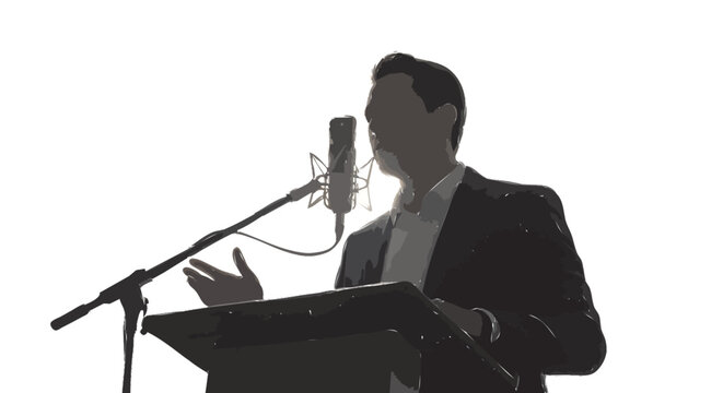 silhueta de homem falando no microfone em p&uacute;lpito isolado em fundo branco conceito discurso e lideran&ccedil;a