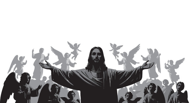 Silhueta de Jesus Cristo com anjos ao redor em conceito de f&eacute;, espiritualidade e religi&atilde;o crist&atilde;
