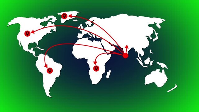 Global travel routes connecting continents with red arrows and location pins . Future business development strategy, Digital red arrow upload download icon, Global AI communication.