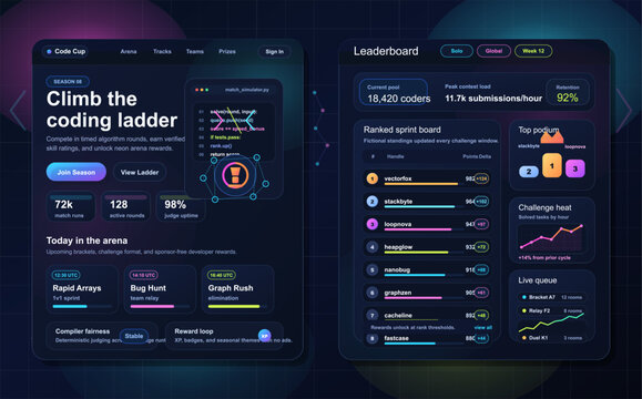 Competitive coding platform dashboard with leaderboard UI