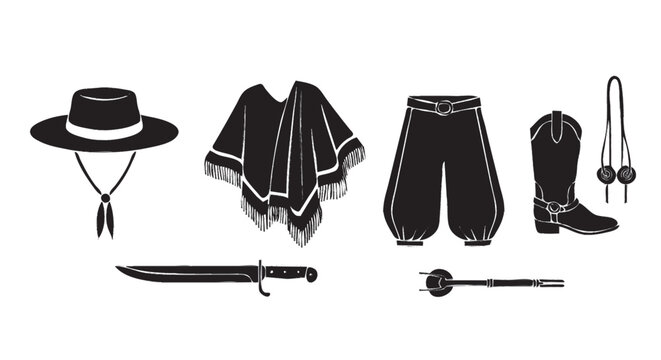 silhueta de &iacute;cones de roupas ga&uacute;chas poncho chap&eacute;u calca bota isolado em fundo branco cultura do rio grande do sul