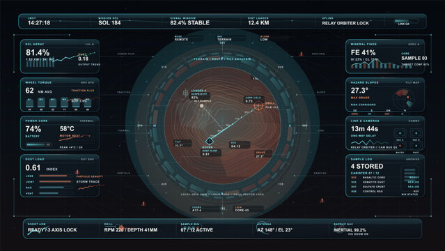 Futuristic planetary rover mission control HUD interface