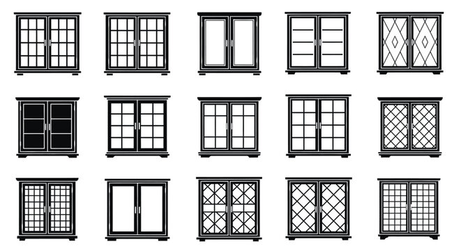 Collection of diverse window designs and architectural elements featuring various pane configurations mullions and frame styles presented in a clean graphic illustration